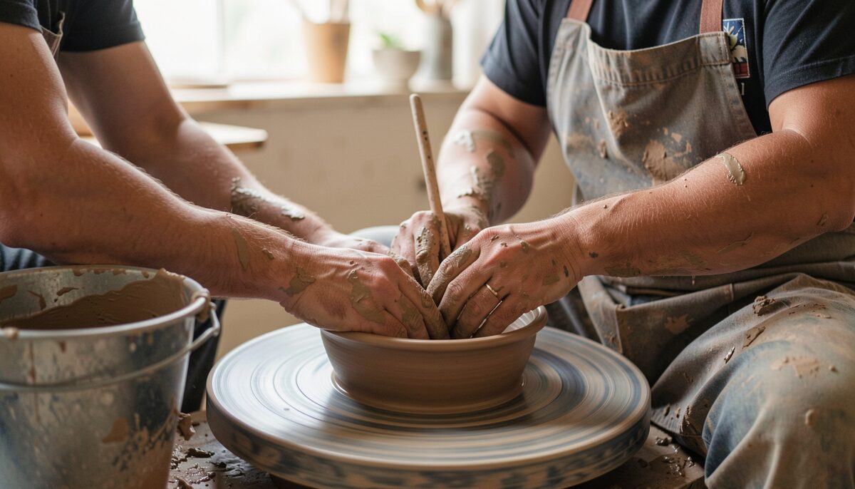 A potter shaping a bowl on a wheel with wet clay on the forearms and a bucket beside