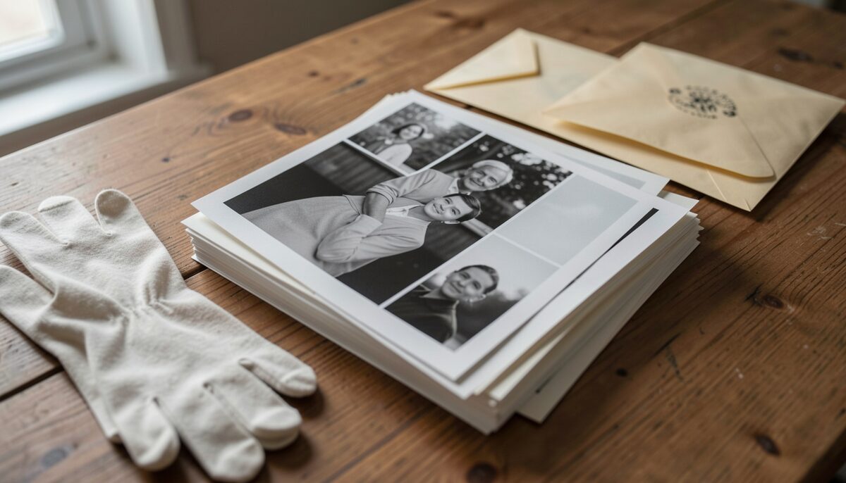 A wooden table with stacked black and white photographs, cotton gloves and acid free envelopes