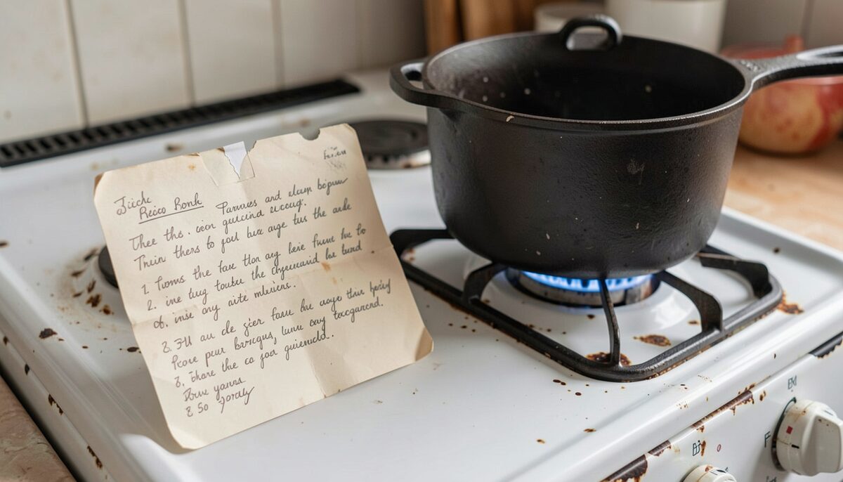 A worn handwritten recipe card beside a cast iron pot on a chipped enamel stove top