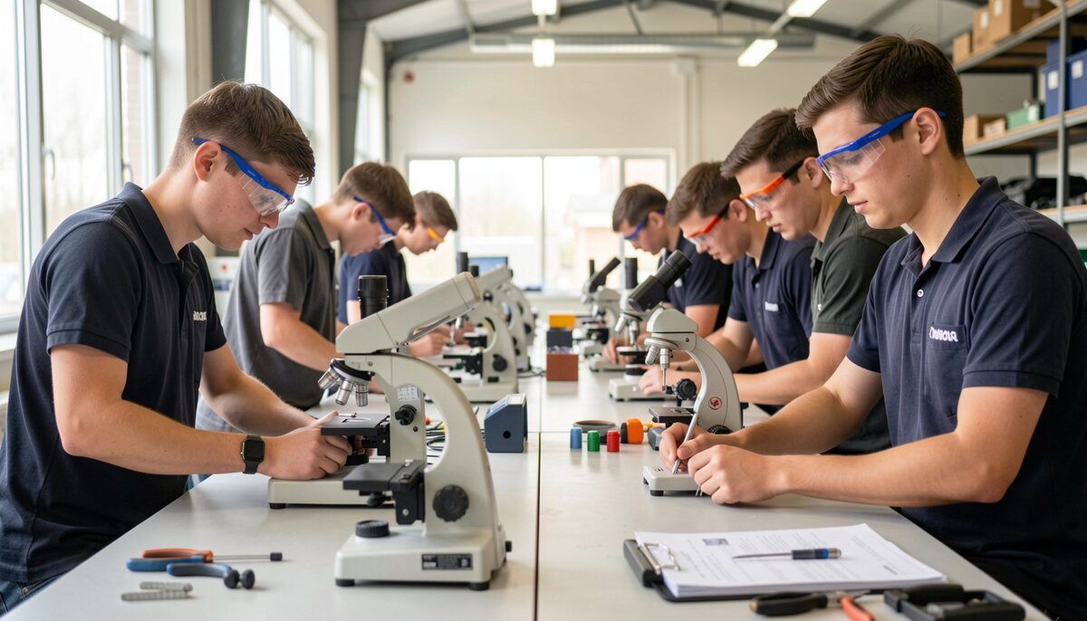 Trainees in safety glasses practising measurements at long benches in a bright vocational workshop