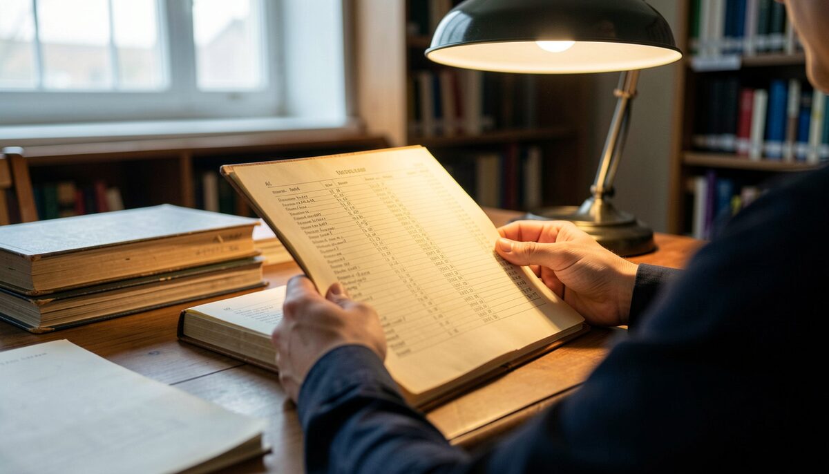 Hands turning a yellowed register page under a lamp on a library table