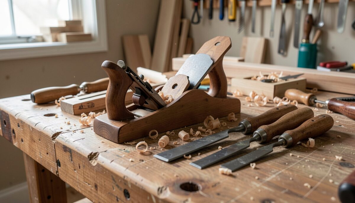 Hand planes, chisels and sawdust arranged on a workbench in a small woodworking studio