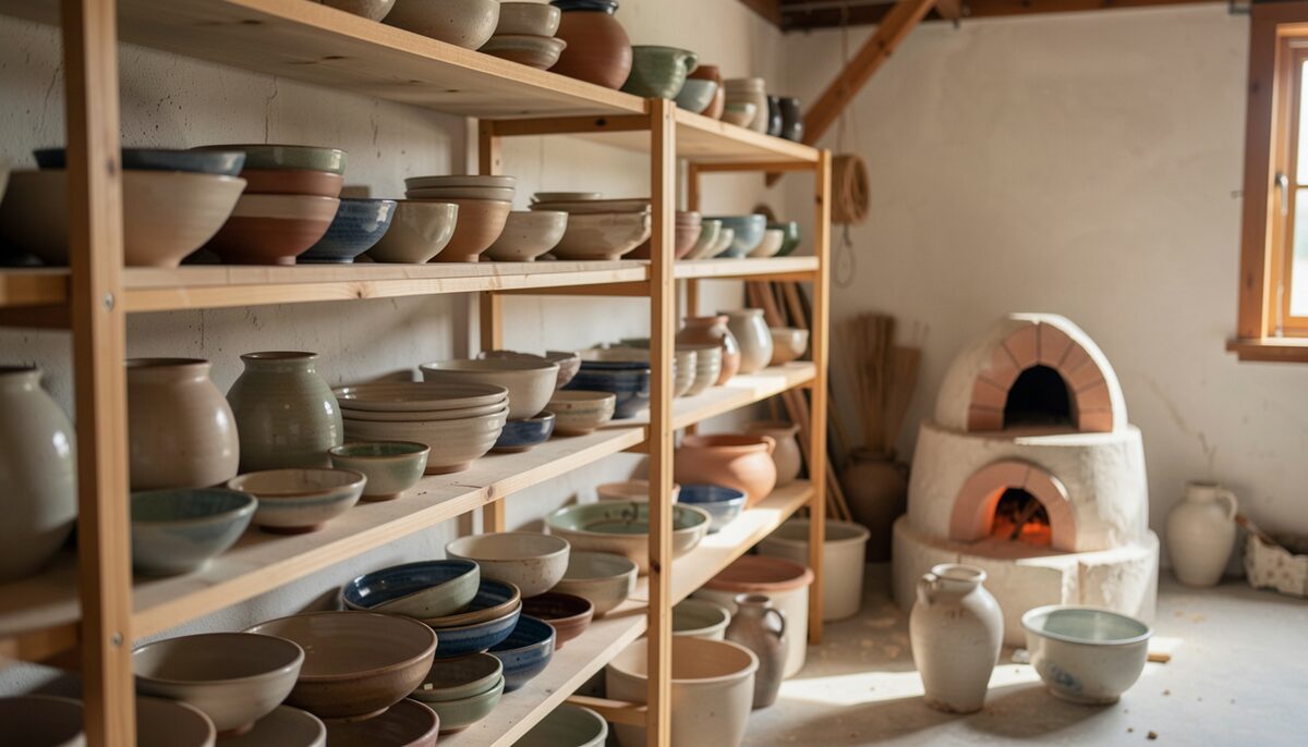 Shelves of glazed stoneware bowls and jugs drying near a small kiln in a pottery workshop