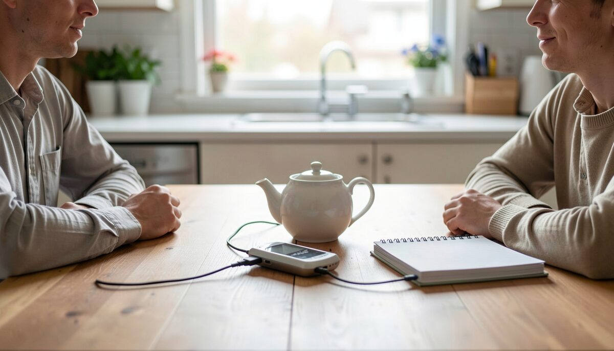 Two people seated at a kitchen table with a small digital recorder between a teapot and a notebook