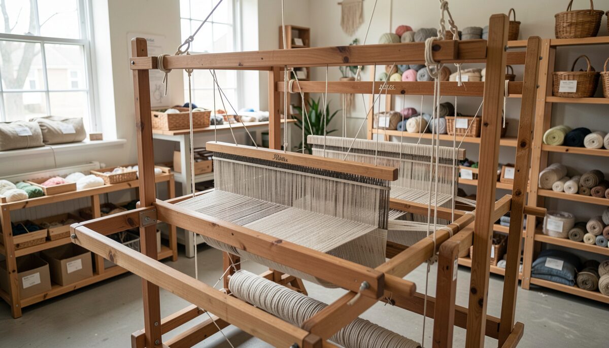 A wooden floor loom threaded with wool yarn in a bright museum storage workshop