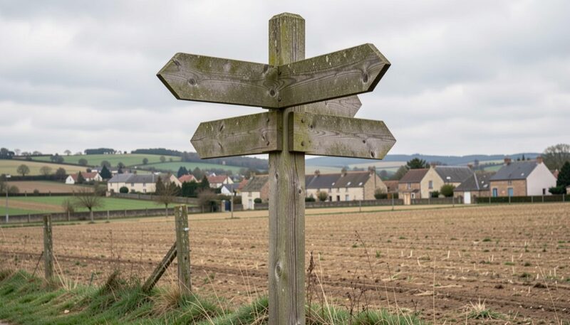 A weathered wooden crossroads post with plain blank directional boards pointing different ways, rural French landscape