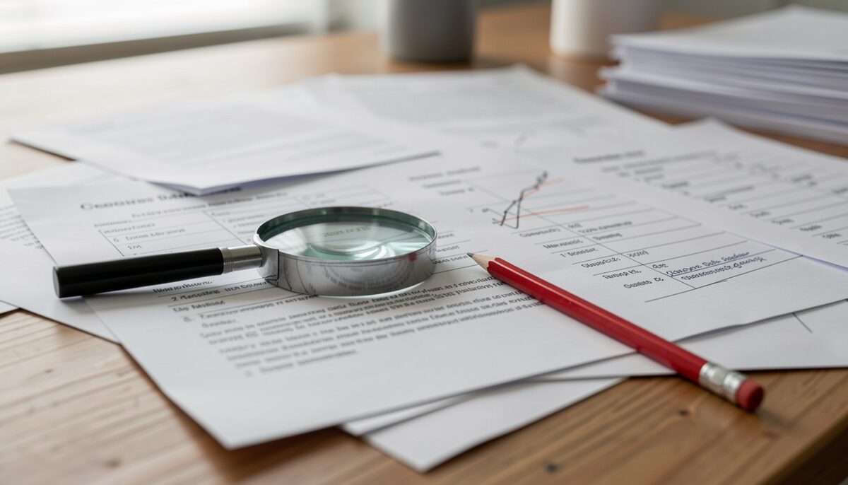 A desk covered with photocopied documents, a magnifying glass and a red pencil for cross checking